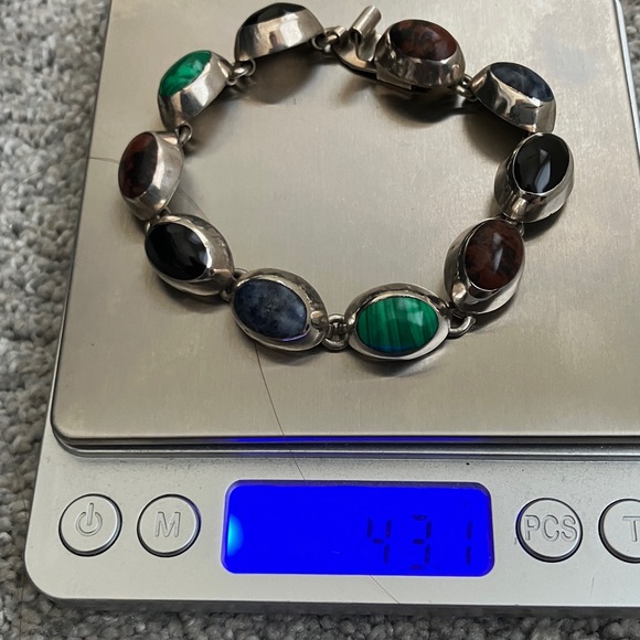 Gorgeous Vintage Taxco Multi-Stone Cabochon and Sterling Linked Bracelet - Picture 2 of 11